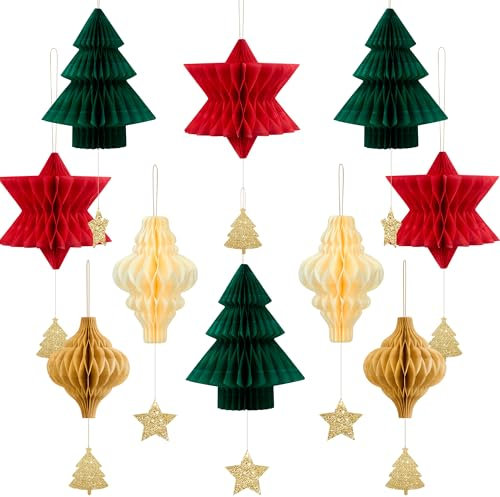 Syoulin vintage christmas decorations indoor,Christmas Tree/Table Decoration,10 pieces 3D Paper Honeycomb Hanging Ornaments