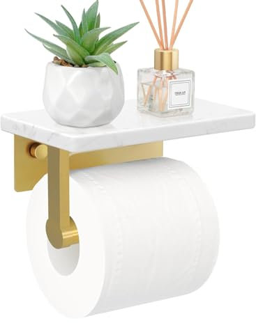 Toilettenpapierhalter Ohne Bohren,Selbstklebend klopapierhalter mit 20 cm Ablage,Klorollenhalter Schwarz Toilet Paper Holder Wandmontage, wc Papier Halterung,Wc Papier Halterung (Weiß-Gold)