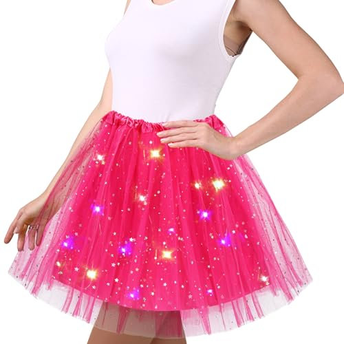 Rosarot Tüllrock Damen, 45cm Sterne Pailletten Tanzkleid, Dehnbaren Minirock Mit LED Lichter, Erwachsene Tütü Rock Ballettrock für Fasching Halloween Karneval Party, Ballett Tanzen Dress Teenager