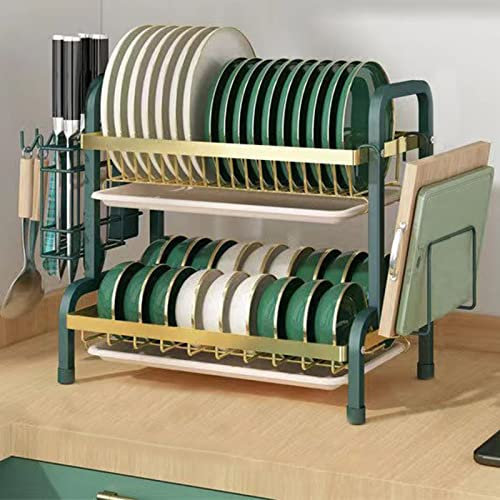 Escurridor de especias ajustable de 3 niveles y escurridor de platos grande para organización de encimera de cocina, juego de escurridor de platos de cocina compacto, color verde (42 x 23,5 x 39 cm)