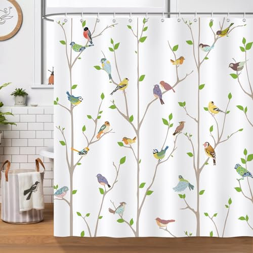 Bonhause Duschvorhang Bunte Vögel Rowley Baumzweig Boho Retro Duschvorhänge 180 x 180 cm Anti-Schimmel Wasserdicht Polyester Stoff Waschbar Bad Vorhäng für Badzimmer mit 12 Haken
