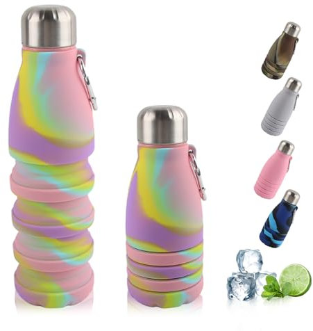 Dwafill Gobelet Pliable Silicone, 550 Ml Gourde Souple, éTanche et Portable, Sans Bpa, lasque Running, Adapté Camping, Sports de Plein Air, Voyages, Bouteille Pliable Randonnée (Camouflage Rose)