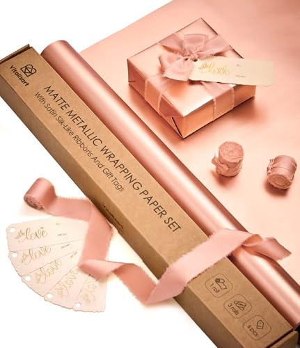 Vitalizart Papier Cadeau Métallisé Rose 43 cm avec 3 Rouleaux de Rubans Roses à Franges et 6 Étiquettes Cadeaux, Ensemble de Papier Cadeau de Luxe Imperméable pour Anniversaire, Mariage et Noël