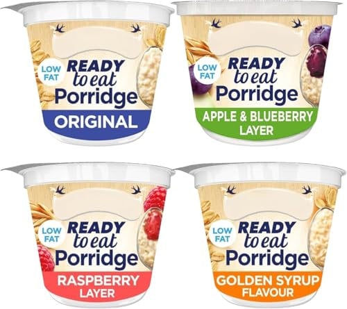 Porridge Pot Bundle With Ambrosia Ready To Eat Porridge Pots Apple and Blueberry Layer, Golden Syrup, Original and Raspberry 210g Each (4 Pack)