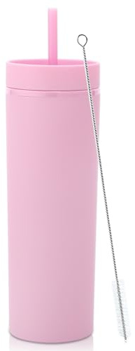 Volhoply 600ml Trinkbecher mit Deckel und Strohhalm Viererpack,Doppelwandiger Wiederverwendbar Reisebecher,BPA-freier Matte Pastellfarben Acryl-Plastikbecher für Fruchtsaft,Geschenk,Eiskaffee(Rosa,1)