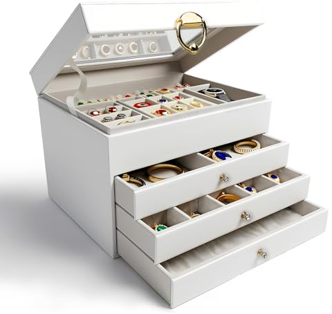 LUMITERRA Boite a Bijoux Femme, Boîte à Bijoux, 4 Couches Grande Boite Bijoux, Coffret à Bijoux avec Tiroirs, Doublure en Velours pour Bagues, Boucles d’Oreilles, Bracelets, Colliers, Blanc