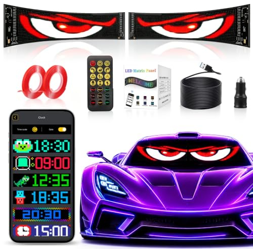 2 PCS Yeux LED pour Camion et Voiture, 120x595mm Devil Eyes pour Auto, Écran LED Flexible Programmable, Affichage Couleur Défilant avec Contrôle APP et Télécommande Bluetooth USB 5V