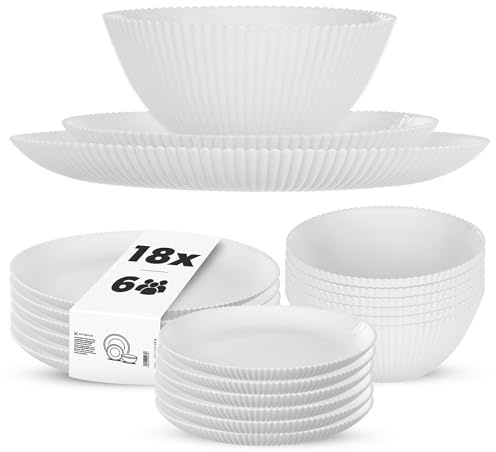 KADAX Lot de 18 Service de Table pour 6 Personnes, en Verre Opale Blanc, avec Bols à Soupe, Assiettes Plates et Assiettes à Dessert, Passe au Lave-Vaisselle, Blanc XL
