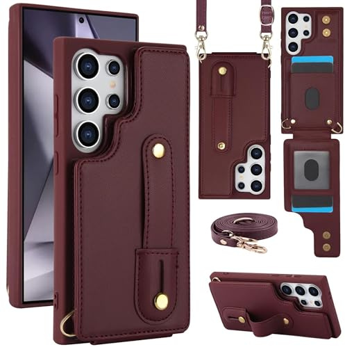 Handy Hülle Flip für Samsung Galaxy S26 Ultra Kunstleder mit Kartenfach & Umhängeband Weinrot