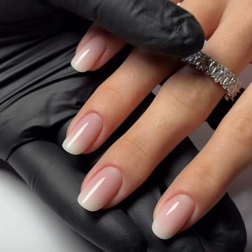 24Pcs Coffin Press on Nails, Nude Pink Ombre Glossy Full Cover Acrylic Nail Tips, Medium Fake Nail-s With Glue, Reusable Stick on Nail-s For Women Everyday Wear,Short Square Nail-s