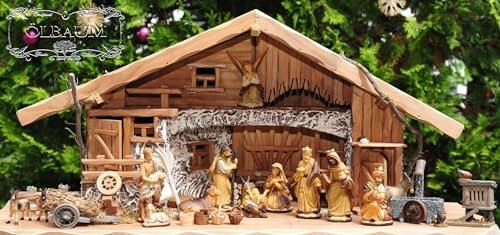 ÖLBAUM-Krippe K100-MFHO-SKR-T2LF1 1 m Krippenstall Weihnachtskrippe, mit GRANITBRUNNEN Wassergrand + Premium-DEKOSET, Massivholz historisch braun - mit Premium-Krippenfiguren in Holzfiguren-Optik