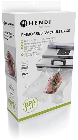 HENDI Vakuumbeutel, geprägt, für Vakuum-Verpackungsmaschine, Vakuumiergerät, Kochbeutel, 75µm, -20°C bis +100°C, Innenschicht Polyethylen 60µm, Aussenschicht Polyamid 15µm, 100 Stück, 150x250mm