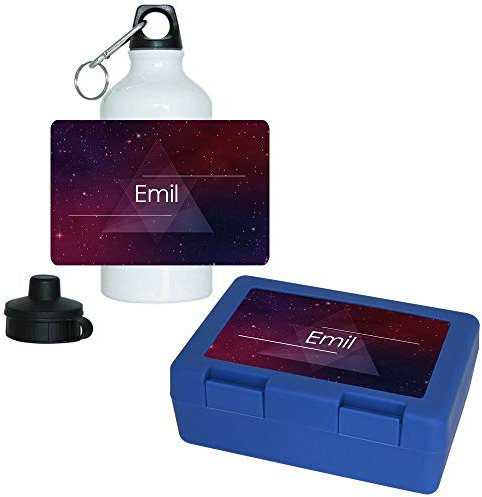 Eurofoto Brotdose + Trinkflasche Set mit Namen Emil und schönem Motiv mit Universum und Sternen für Jungs - Aluminium-Trinflasche - Lunchbox - Vesperbox