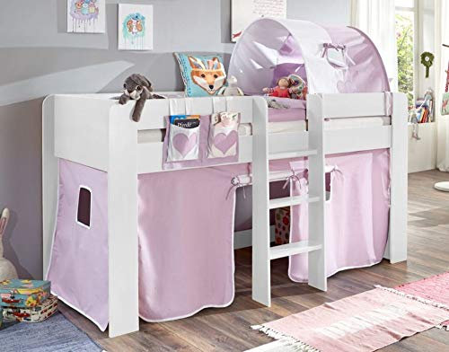 Froschkönig24 Hochbett ANDI 2 Kinderbett Spielbett halbhohes Bett Weiß Stoffset Lila/Weiß