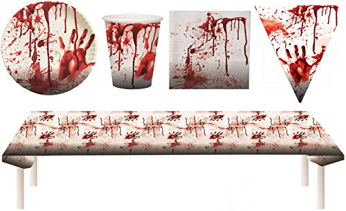 Karneval-Klamotten Blutiges Party Set XXL Halloween Horror Blut 38 Teile Teller, Becher, Servietten, Tischdecke, Partygeschirr