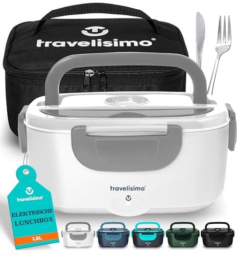 TRAVELISIMO Elektrische Lunchbox 80W Thermo Lunchbox Für Essen Heiß, 1,5L Heat Box 3-in-1 Food Warmer, Warmhaltebox Für Essen 12V/24V/220V, für Arbeit Auto Lkw Lunchbox Elektrisch, Wärmebox