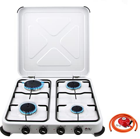 NJ-04 Camping Gas Stove - Portable 4 Burner Gas Cooker LPG Hob with Lid for Outdoor Garden Caravan 5.45 kW (Propane 27mm Clip-on)