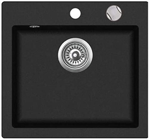 VBChome Fregadero de granito, 46 x 49 cm, fregadero individual, fregadero de cocina, color negro, cuadrado, con escurridor giratorio y sifón.