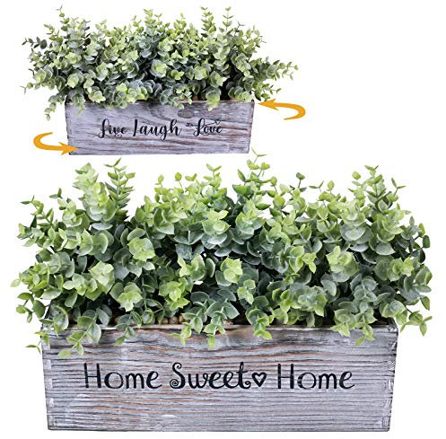 Plantas de eucalipto sintético en maceta rectangular rústica de madera en maceta de eucalipto artificial, planta en maceta en verde polvoriento para centro de mesa de boda, oficina, habitación, mesa,