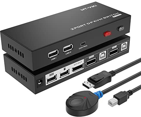 DisplayPort KVM Switch 2 port 4K@60Hz, MT-VIKI 2x1 DP KVM Switcher Hotkey 2 in 1 out w/2 DP Cables + 2 USB Cables + Desktop Controller (2 DP in 1 DP out)