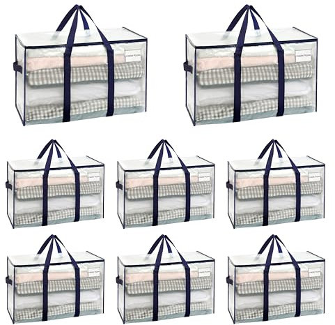 VENO Set da 8 Borse da trasloco grandi, Scatole trasloco con coperchio, cerniere e manici rinforzati, Borsone da viaggio, impermeabili Borsa di stoccaggi per piumoni, vestiti (Trasparente, 8 Pz.)