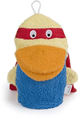 Isabelle Laurier - Gant de Toilette Amusant pour Enfant 100% Coton - Gant de Bain éponge pour bébé - Modèle Super-Héros, Bleu, Jaune