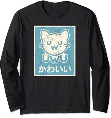UwU Cat Poster Retro Vintage Japanese Kawaii Kitten Langarmshirt