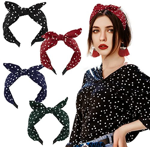 BETESSIN 4Stk. Haarreifen Breit Stirnband Damen Punkte Schleife Haarband Rockabilly Kopfband Vintage Haarschmuck für Mädchen Frauen Rot Schwarz Blau Dunkelgrün
