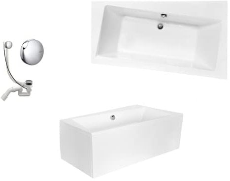 VBChome Badewanne 150x90 cm Acryl SET Schürze Siphon Wanne Ecke Eckbadewanne Weiß Design Modern Ablaufgarnitur Viega Simplex Wanne rechts Schürze Ablaufgarnitur Füße