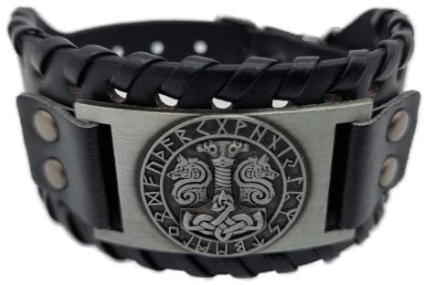 AB Viking Crafts Vikings Wikinger Armband Thors Hammer Mjölnir mit Odins Wölfen im Runenkreis Leder Metall schwarz silber