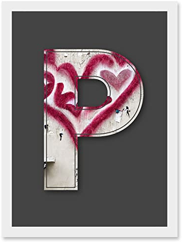 Wee Blue Coo Letter P Heart Cream Decorative Graffiti Mural Alphabet Initial Stencil Artwork Framed Wall Art Print A4