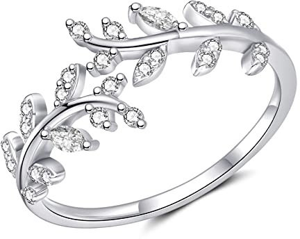 Sterling Silver Rings for Women, 925 Silver Open Adjustable Leaf Ring with Cubic Zirconia Jewelry Gift for Wedding Anniversary Birthday