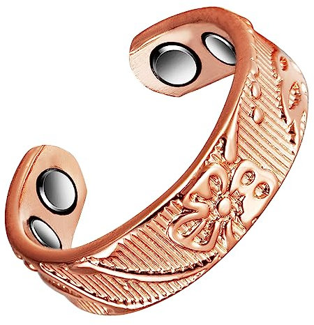 EnerCoppeX Magnetischer Damen-Ring aus reinem Kupfer, wunderschön graviertes Pflaumenmuster, 4 Magnete, frei verstellbar, Geschenkbeutel inklusive, Kupfer
