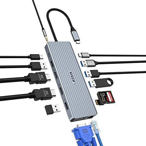AYCLIF 14 in 1 USB C Hub, Triple Display Dockingstation mit VGA/2*HDMI, 10 Gbit/s USB 3.1, Gigabit Ethernet, PD 100W, 3,5 mm MIC, SD/TF, USB C Adapter für MacBook Pro/Air, HP, Lenovo, Dell (schwarz)