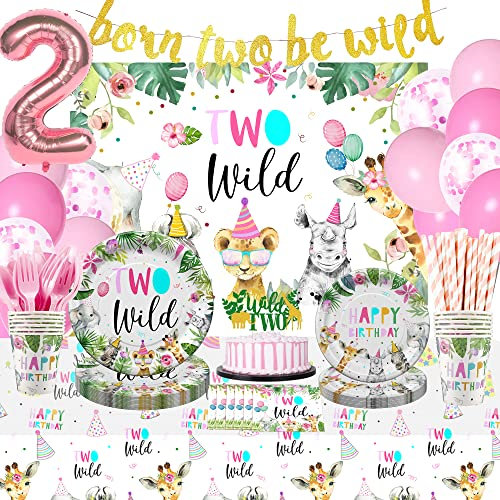 HIPEEWO Two Wild Birthday Decorations Dinnerware For Girl, Jungle Safari Theme 2nd Birthday Party Supplies Include Plate, Cup, Napkin, Backdrop, Banner, Tablecloth, Balloon, Cutlery, Topper | Serve 24