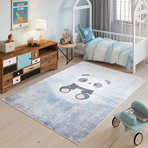 TAPISO Emma Teppich Waschbar bei 30 Grad Grau Blau Meliert Panda Sterne bedruckter Kinderteppich Antirutsch Kinderzimmer Jugendzimmer Modern ÖKO-TEX 120 x 170 cm