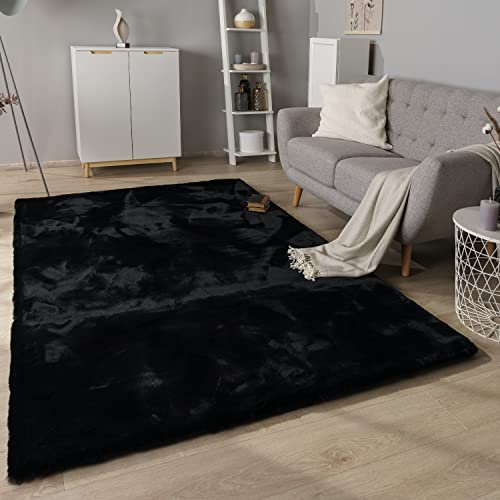 Paco Home Hochflor Teppich Wohnzimmer Schlafzimmer Modern Flauschiger Fellteppich Fell Imitat Kunstfell Langflor, Grösse:60x100 cm, Farbe:Schwarz