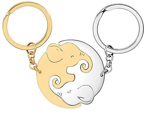 WEVENI Cute ÉLéPhant Cadeaux Couples ÉLéPhant En Acier Inoxydable Porte-clés Charm Bijoux pour les Femme Filles (Argent d'Or)