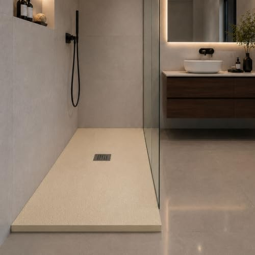 Yellowshop - Piatto doccia rettangolare in marmoresina base 70 cm h 2,5 cm HEAVY Sabbia con sifone, piletta e copripiletta inox (Cm 70x190)