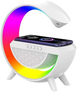 Luces Nocturnas con Altavoz Bluetooth, Carga Rápida de 15 W, Luz Regulable Carga Inalámbrica Altavoz Moderno Compatible con Bluetooth, FM, USB, Tarjeta de Memoria, Funciones AUX