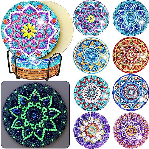 MRHMX ART Diamant Malerei Untersetzer Glow in The Dark Untersetzer Leuchtet 8 Pcs Mandala, DIY schöne Glitzerzuntersetzer die im Dunkeln leuchten Kunsthandwerk Kits mit Halterung für Erwachsene