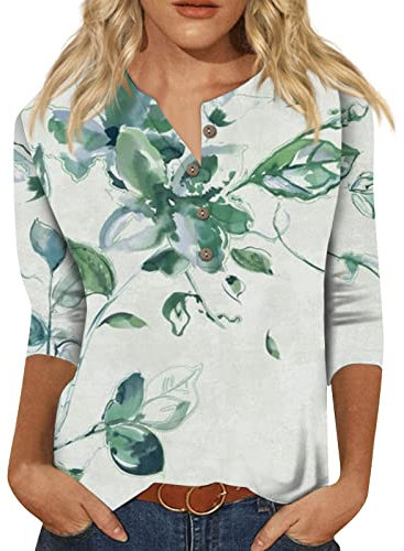 YunYoud Bluse 3/4 Arm Damen Geblümt Druck T Shirt V-Ausschnitt Knopfleiste Blusenshirt Elegant Tunika Tops Loose Fit Longshirt Klassische Passform Blusentop Sommertops Damen Luftig