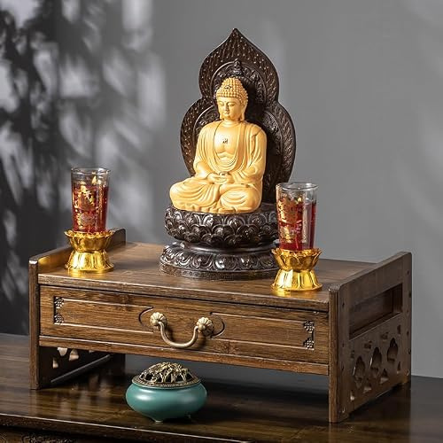 Altartisch mit Stauraum & Schublade, kleiner Meditationstisch & Puja-Tisch | Alter Schrank aus natürlichem Bambus für Hexe, Wiccan, buddhistischer Schrift, Gebetsständer, Erhöhung, Heimdekoration