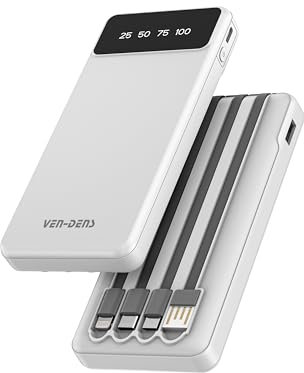 VEN-DENS Power Bank 10000mAh - Built in Cable x 4 USB C-Battery pack 6 Outputs- LED Display Type C Powerbank Portable Charger Compatible with iPhone 16/15/14/13/12/ Samsung S 23/22/21 (WHITE)