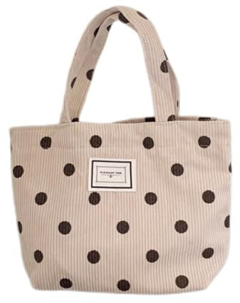 Süße Einkaufstasche für Mädchen Cord -Handtasche mit Kleiner Punkt Retro Einkaufstasche Bento Lunchtasche für Mädchen Geschenk 30 * 21 * 10 Beige Totes