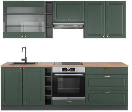 Vicco Küchenzeile Fame-Line, Grün-Gold Landhaus/Anthrazit, 235 cm, AP Eiche, geeignet zur individuellen Erweiterung mit Zusatzmodulen