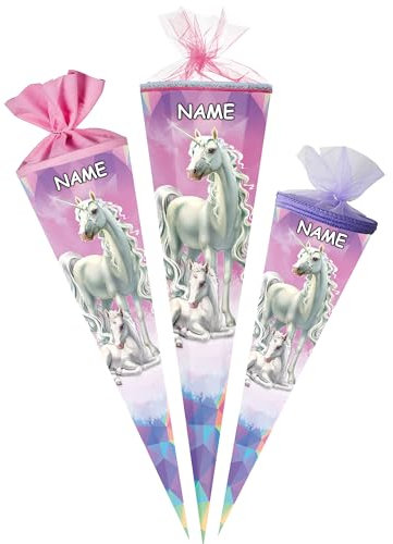 alles-meine.de GmbH Schultüte - mit 3D Glitzer - Effekt ! - Einhorn & Fohlen 35-100 cm Größe wählbar inkl. Name - Zuckertüte - Tüllabschluß/Filzabschluß - eckig/rund ..