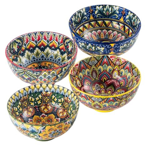 Henten Home Soup Bowl, Ceramic Dessert Bowls - 10Oz, Snack Bowls for Ice Cream, Rice, Dessert, Colourful Serving Bowl Set of 4 - Bohemian Style