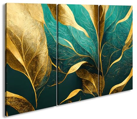 Leinwandbild Goldene Blätter tanzen vor smaragdgrünem Hintergrund. Format: 120x80 cm (3Teilig) XXL Kunstdruck Bild auf Keilrahmen/Wandbild/Wohnzimmer Deko