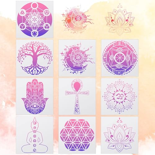 SoulQool 10 Stück Heilige Geometrie-Schablonen, 15,2 cm, Yoga-Schablonen, Om, Heiliges Lotus-Chakra, die Blume des Lebens, Mandala, Hamsa, Hand, Sonne, Mond, spirituelle Symbole, Meditationsschablone